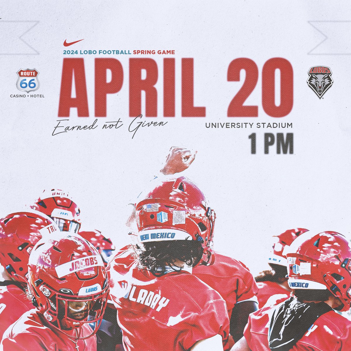 Save the date 📅 Don't miss your first chance to see what Lobo Football is all about. April 20th @ 1:00PM in University Stadium! #GoLobos | #EarnedNotGiven