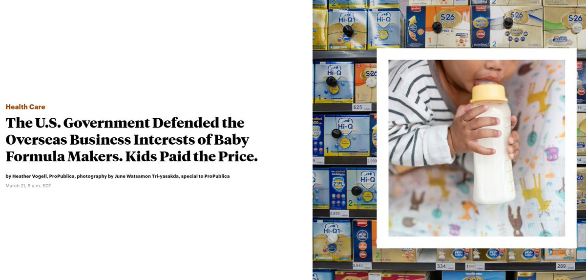 Brilliant reporting by @propublica showing how US government and Big Formula industry have worked together to weaken global and country-level policy responses to protect breastfeeding - an absolute must read propublica.org/article/how-am…