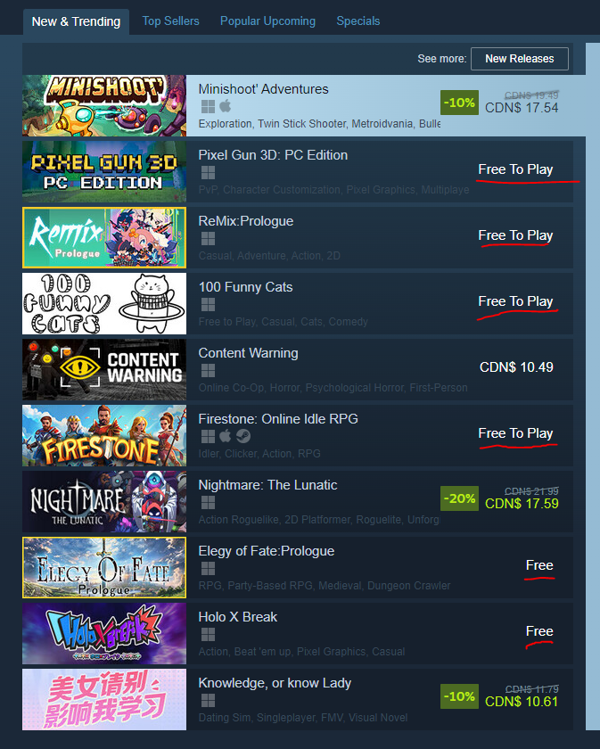 I think it's past time <a href="/Steam/">Steam</a> separates out Free releases. New paid releases simply can't compete with this, and are getting drowned out DAILY