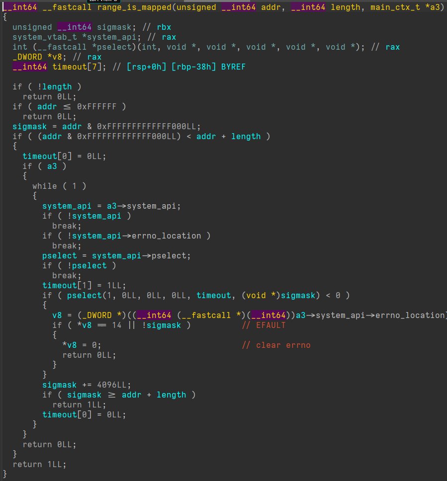 xz bd engineer 1: bro, we need a way to probe the address space to make sure we never SEGV sshd xz bd engineer 2: we'll just do a pselect syscall with empty fd sets, a timeout of 1 nanosecond and the addr we want to probe is passed as the sigmask pointer, EFAULT means unmapped