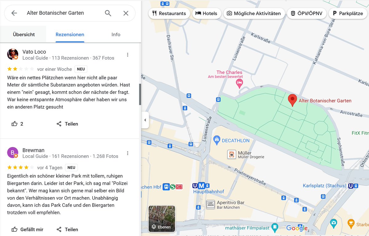 O du mein Bayernland,
Frage an @BayStMI @BayStMWi @PolizeiMuenchen :

Was verursachen solche Rezensionen auf google maps bei euch? Handlungsbedarf oder Schulterzucken?

Gerade nachdem Cannabis nun legal ist, sollte man sich an Amsterdam ein Vorbild nehmen und harte Drogen auch