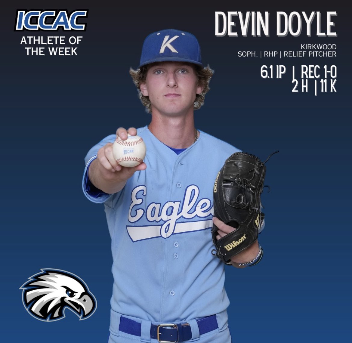 Congrats ⁦@DevinDoyle_2022⁩ for being named ICCAC pitcher of the week! #ItsGoTime