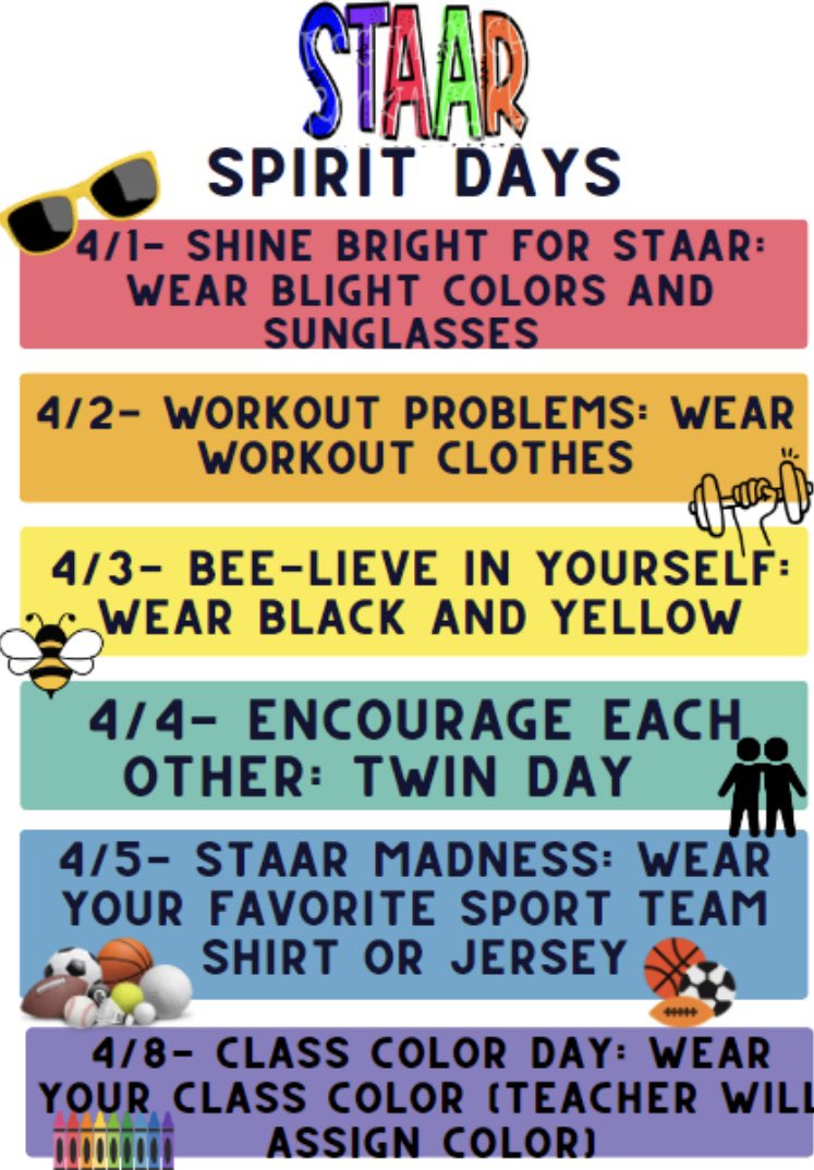 Show your support to our 3rd and 4th graders by dressing up for STAAR Spirit  Week #STAARSpiritWeek 
#ShowSupport #SmithShark