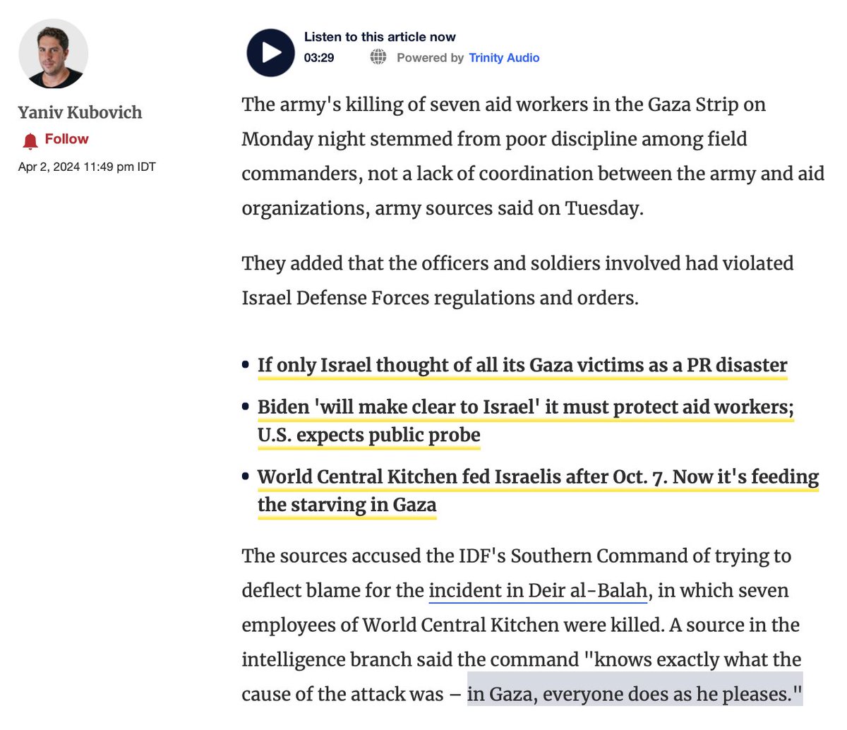Israeli army sources say murder of @WCKitchen workers stemmed from 'poor discipline' and commanders doing 'what they want. If this is what they do to internationals from a US group backed by Israel in the open, think what they do to Palestinians when they think no one can see