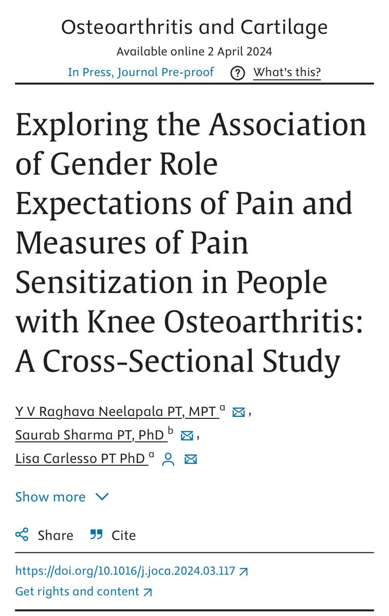 Hot off the press! Association of Gender Role Expectations of Pain and Measures of Pain Sensitization in People with Knee Osteoarthritis…. in @OACJournal sciencedirect.com/science/articl… @YVRaghava1 @LisaCarlesso