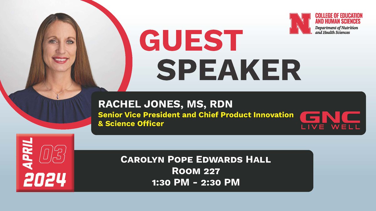 TODAY: Rachel Jones, @GNCLiveWell senior VP and chief product innovation science officer, will speak about her experiences in the sports nutrition industry. Free and open to the public. 🕜 1:30 p.m. 📍 227 CPEH @NhsUnl #UNL #UNLCEHS