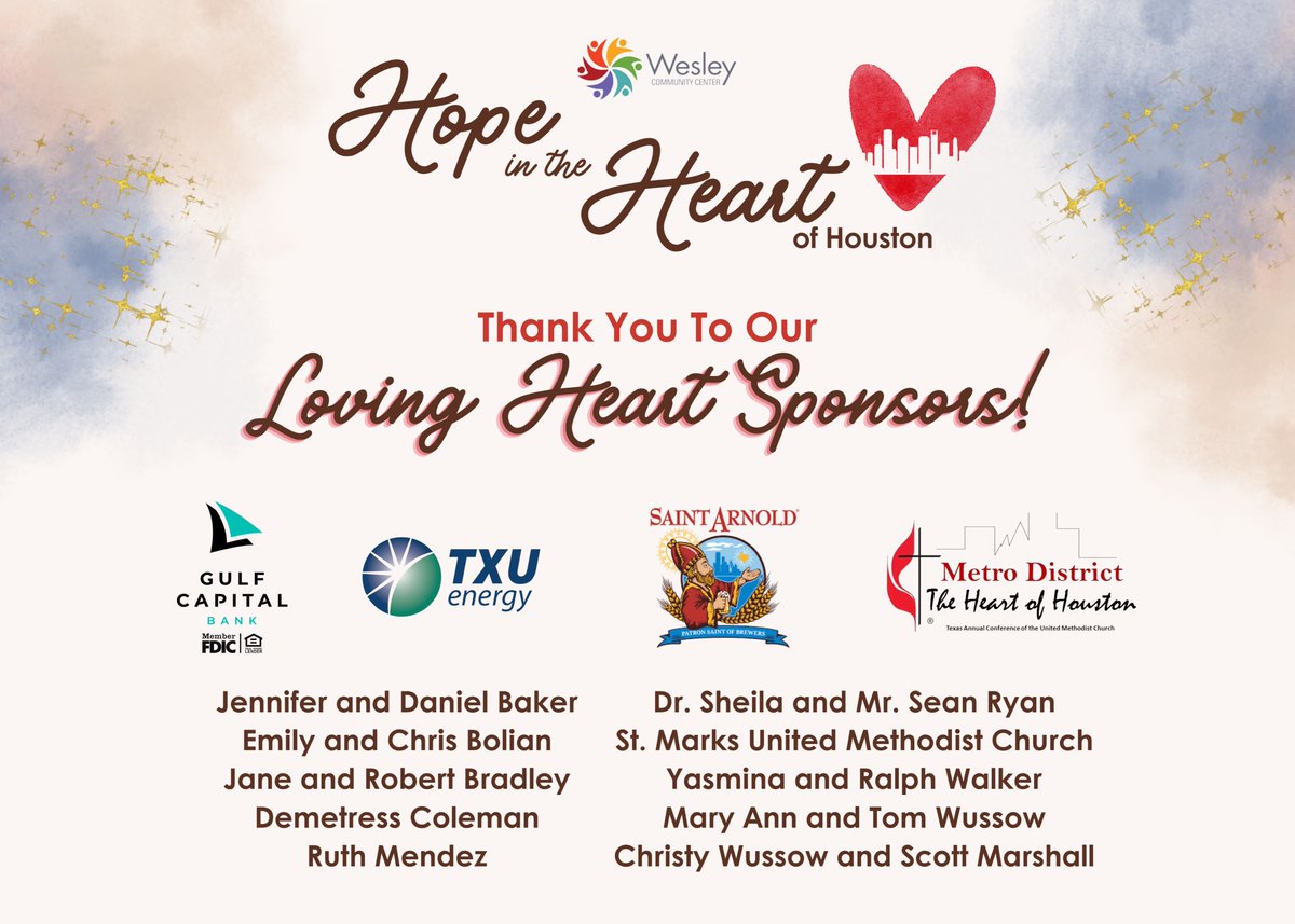 Our Hope in the Heart is only 3 weeks away! We want to thank our amazing Loving Heart Sponsors for their generous support! There is still time to get your tickets/sponsorships, click the link to get yours! wesleyhousehouston.org/event/hope-202… #WesleyEmpowers #HoustonEvents #HoustonNonprofit