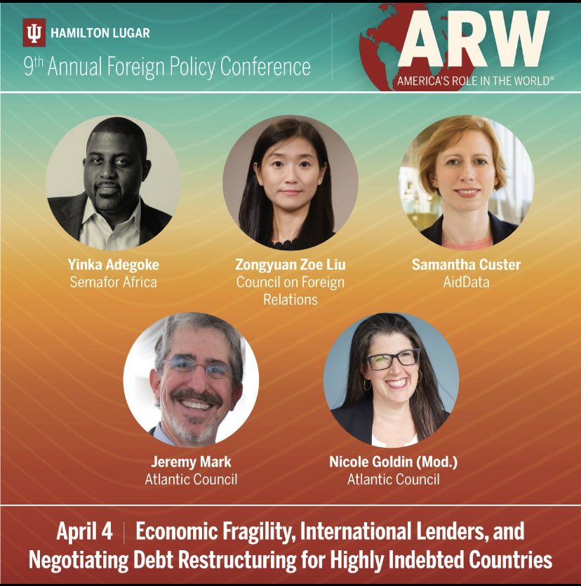 Looking forward to leading a discussion on economic fragility and global #debt at @IUBloomington Hamilton Lugar’s “America’s Role in the World” conference, joined by @YinkaWrites @samanthajcuster @jedmark888 @ZongyuanZoeLiu. April 4 Tune in live—> hls.indiana.edu/arw/live/index…