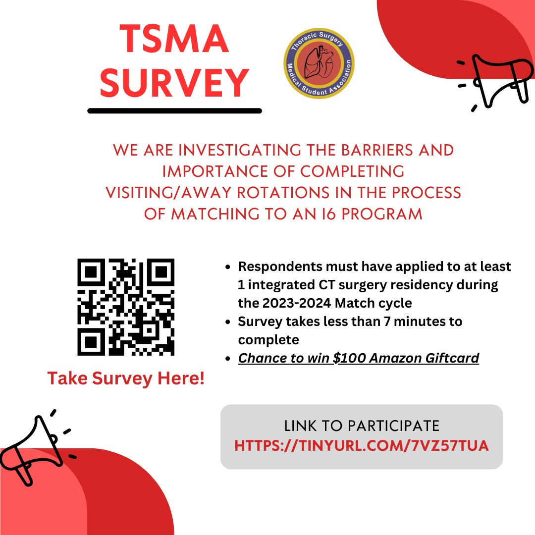 Did you apply to at least 1 integrated CT surgery residency this Match cycle? If so, we’d love to hear more about your experience. We’re investigating the importance of away rotations in matching I6 programs. Please complete this 5 min survey: tinyurl.com/7vz57tua