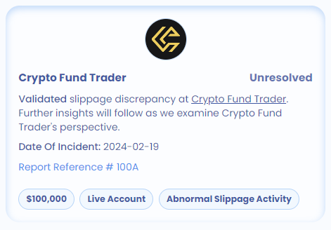 🚨🚨We have just validated abnormal slippage activity that resulted in a loss on a 100k live account, along with additional discrepancies from <a href="/CFTradercom/">Crypto Fund Trader</a>. Further insights will follow as we examine <a href="/CFTradercom/">Crypto Fund Trader</a>'s perspective. Our goal is to foster a resolution that is in the