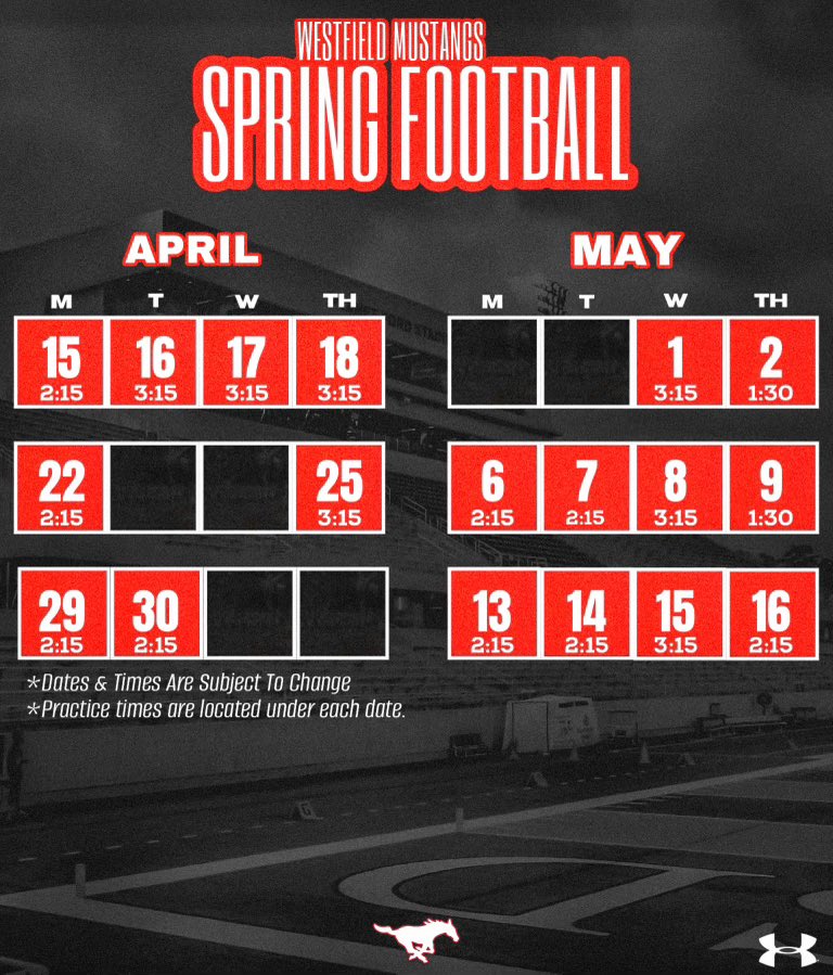 fb_westfield's tweet image. Mark your calendars 🗓️ 

Spring Ball is around the corner!!

@Meeks38 @DezBlackCoach @CoachHill_7 @Coach_Bragg @CoachMorales56 @koach_ryan @CoachDThurm @coach_u87 @CoachHyp13 @DerekLaMothe2 @TreyGoodrich @T_sweeney16 @jmborwell