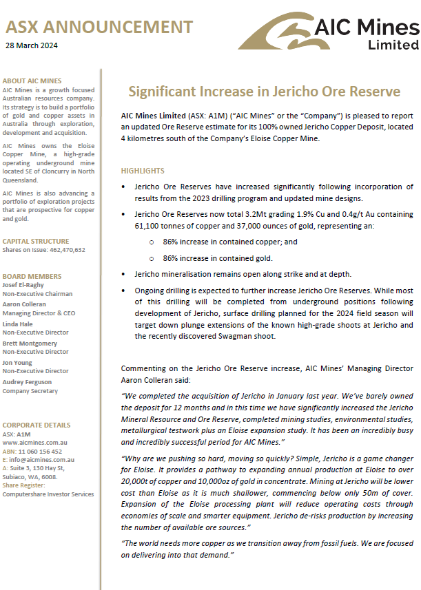 Completion of the Jericho Ore Reserve is an important step in finalising the Independent Technical Expert review being conducted by SRK Consulting on behalf of debt providers. This process is progressing well with expectation that final offers will be received in June 2024.