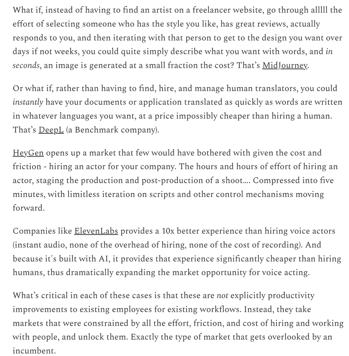 .@sarahtavel: 'What’s critical in each of these cases is that these are not explicitly productivity improvements....Instead, they take markets that were constrained by all the effort, friction, and cost of hiring and working with people, and unlock them.'