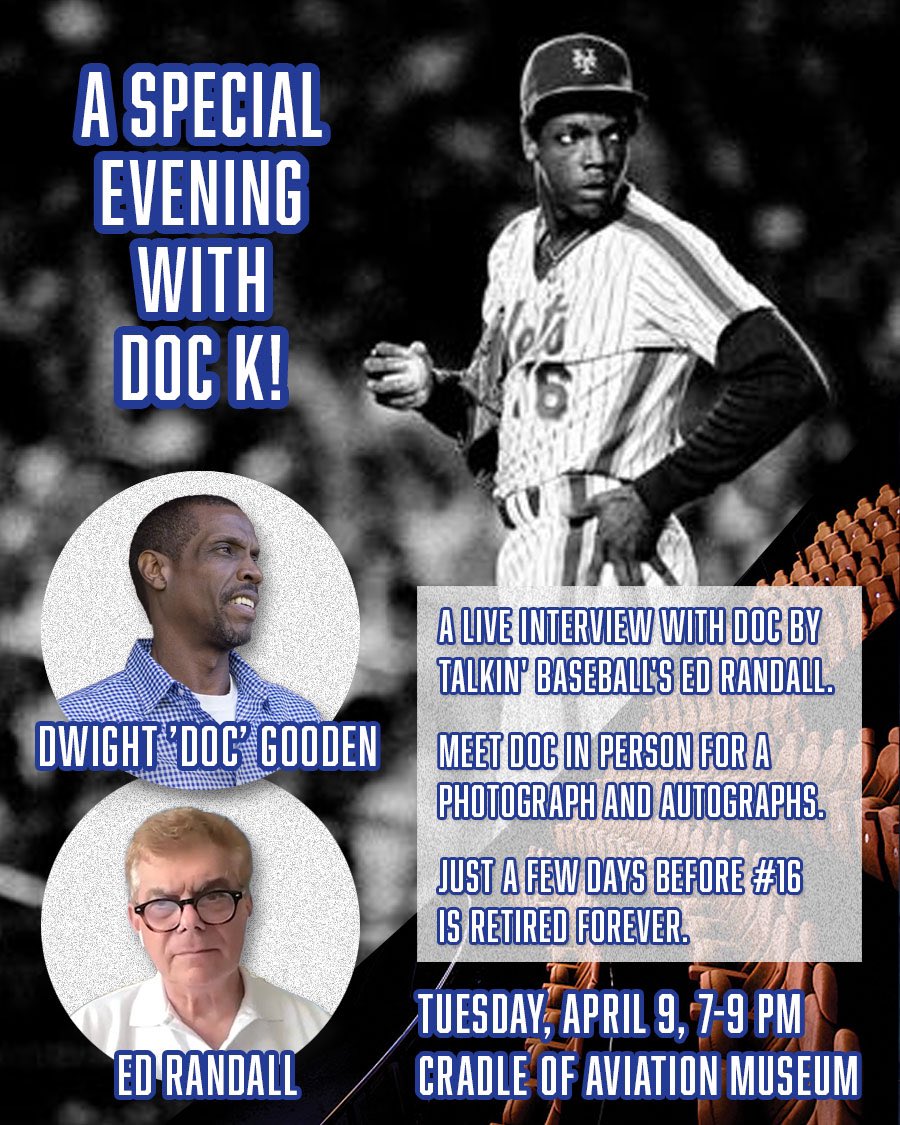 I look forward to a special evening at the Cradle of Aviation Museum talkin' baseball and my upcoming #16 retirement with Ed Randall. April 9 from 7-9pm, tickets here: bit.ly/Gooden16