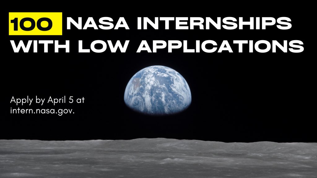 With less than a week left to apply for our fall 2024 @NASAInterns, we’ve assembled this list of 100 current opportunities with fewer than 10 total applications. Applications for fall 2024 are due on April 5, 2024. Learn more: blogs.nasa.gov/interns/2024/0… #GiantLeapsStartHere