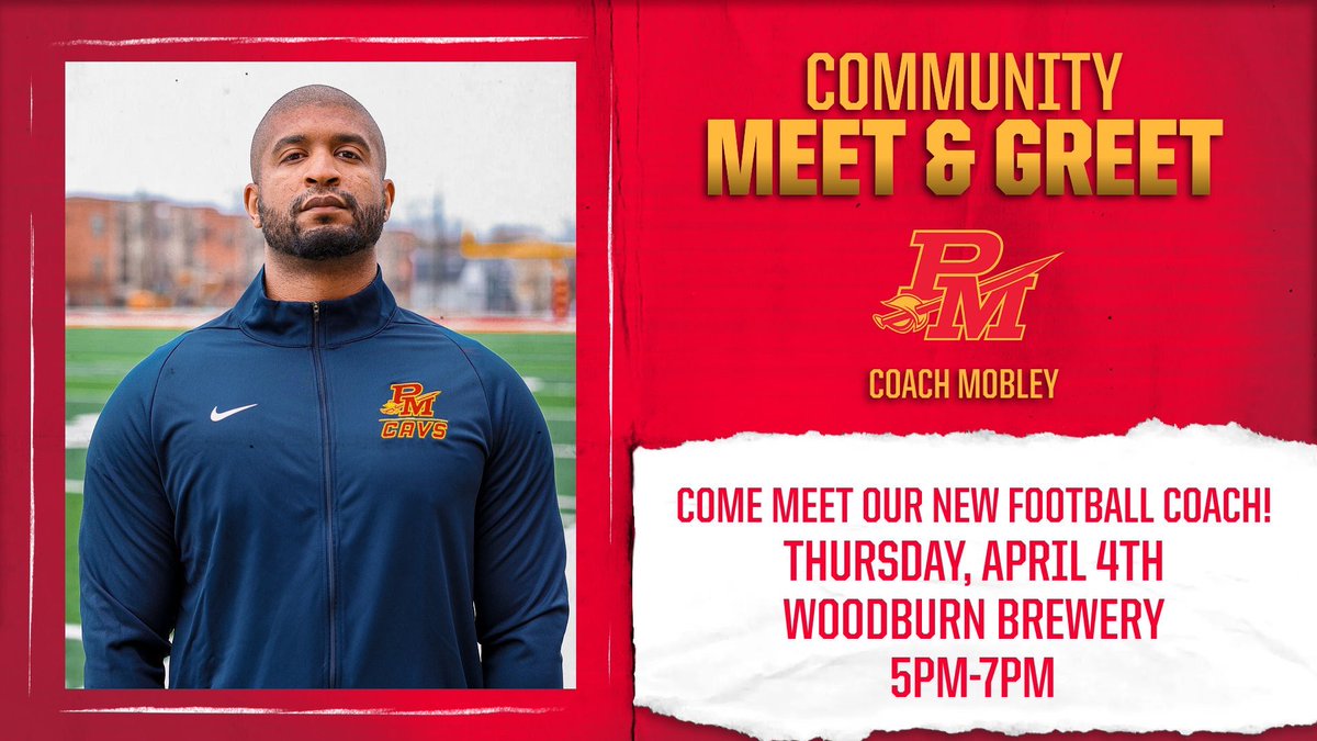 We would like to invite ALL of the Purcell Marian Community to a meet & greet with our new head football coach, Chris Mobley Jr. this Thursday, April 4th at Woodburn Brewery! Whether you want to chat x’s and o’s with coach or give him a true Cavalier welcome, ALL ARE WELCOME!