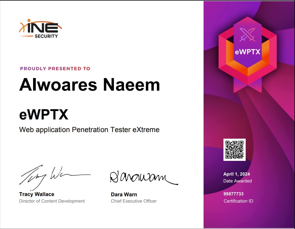 I am pleased to announce that I have recently obtained a new professional certification: Web application Penetration Tester eXtreme from INE Security