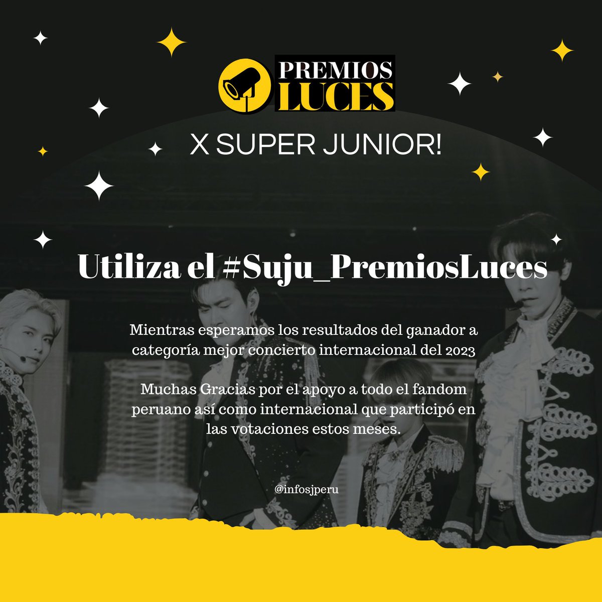 HOY salen los resultados para todas las categorías de los Premios Luces de El Comercio

#SuperJunior está nominado como Mejor Concierto Internacional del 2023🙌, la premiación se realizará a desde las 7:30pm🇵🇪

Te invitamos a usar los: #Suju_PremiosLuces #PremiosLuces2023