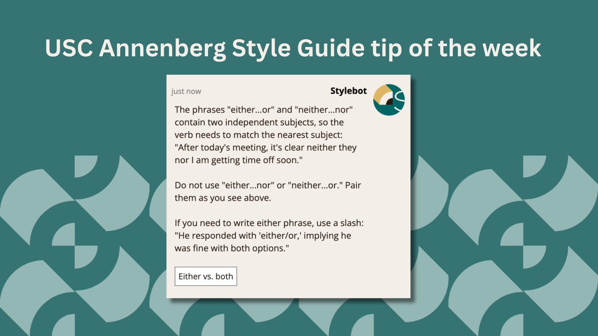 This week's #ASCJ style guide tip covers the usage of “either…or” and “neither…nor.” In short, the phrases contain two independent subjects, so the verb needs to match the nearest subject.