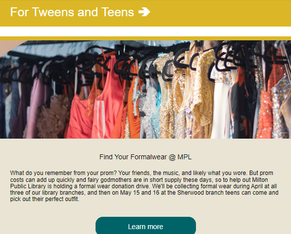 miltonphathead's tweet photo. I 🫶🏼 this! 

As a teacher, I see first-hand the stress that grad proms cause for some families... I really hope that the community supports this @Milton_Library initiative to make youths feel beautiful, confident, and comfortable among their peers at these school celebrations. https://t.co/uuatR0zOpp