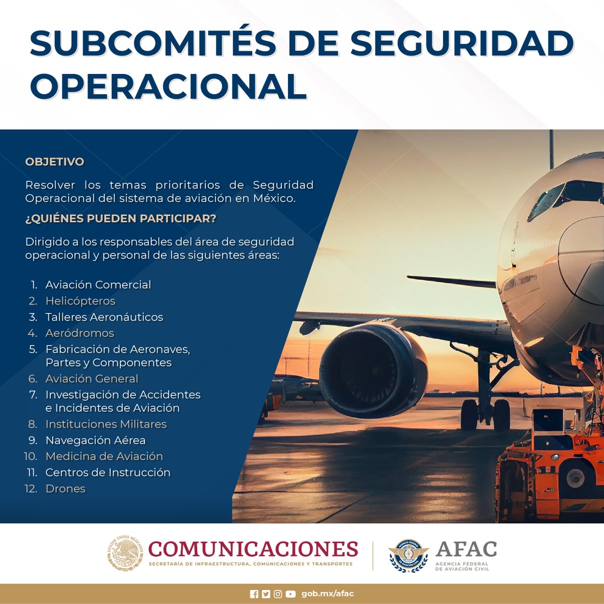 Te invitamos a participar en los diversos Subcomités de Seguridad Operacional, con el fin de resolver los temas prioritarios e implementar programas, estrategias y proyectos que contribuyan a mejorar la seguridad operacional de la aviación civil en México. gob.mx/afac/acciones-…