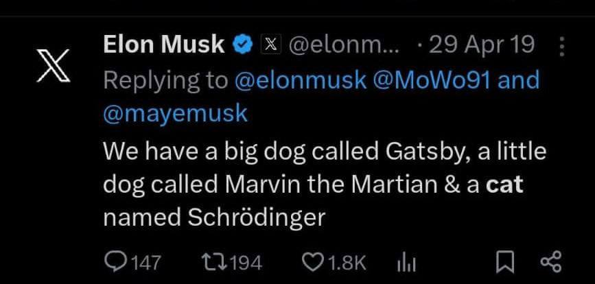 allyn_briggs3's tweet photo. @AltCryptoGems @dingersolana That isn't true, @elonmusk cat is Schròdinger. $SCHRO @SCHRDINGERMusk https://t.co/BXESWxenX9