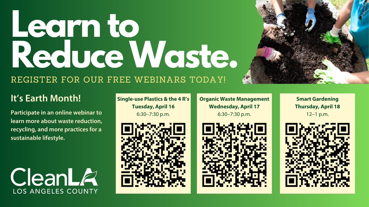 🖊️Register today for one (or all!) of our #EarthMonth Webinars: ♻️Single Use plastics and the 4 R’s April 16th ➡️ lacounty.pw/4_16 🍎Organic Waste Management April 17th ➡️ lacounty.pw/4_17 🌺Smart Gardening April 18th ➡️ lacounty.pw/4_18