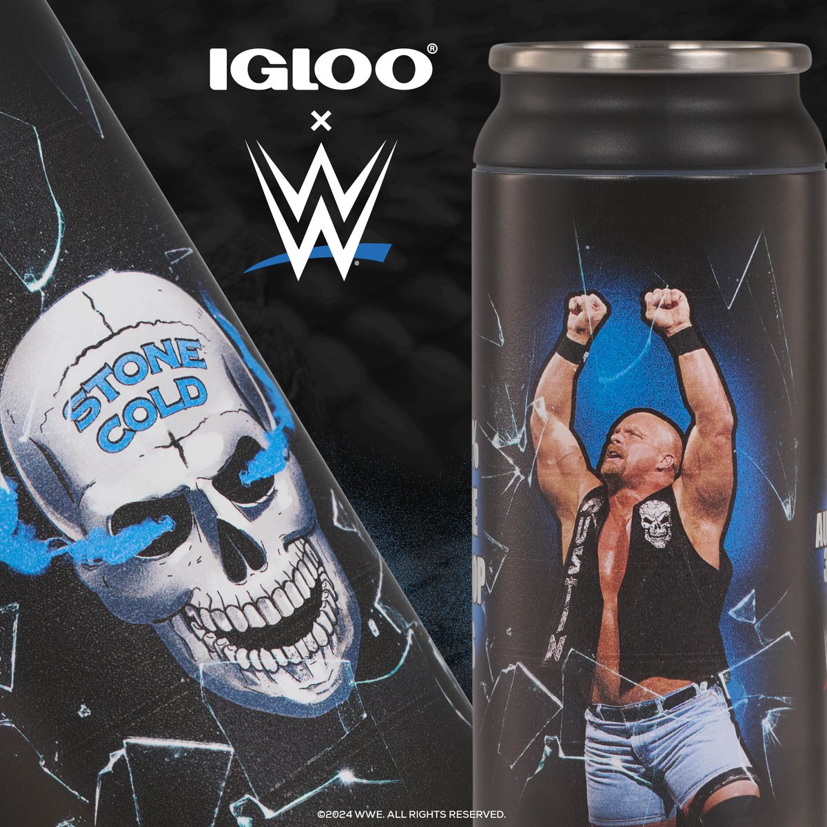 Make your drink 'Stone Cold'! New @WWEUniverse stainless steel cans drop today. #igloocoolers Shop now: bit.ly/3xlQPTU
