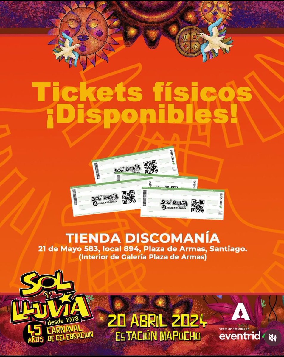 A tu alcance ticket físicos.Toda info en la gráfica abrazos nos vemos el 20.
#solylluvia45