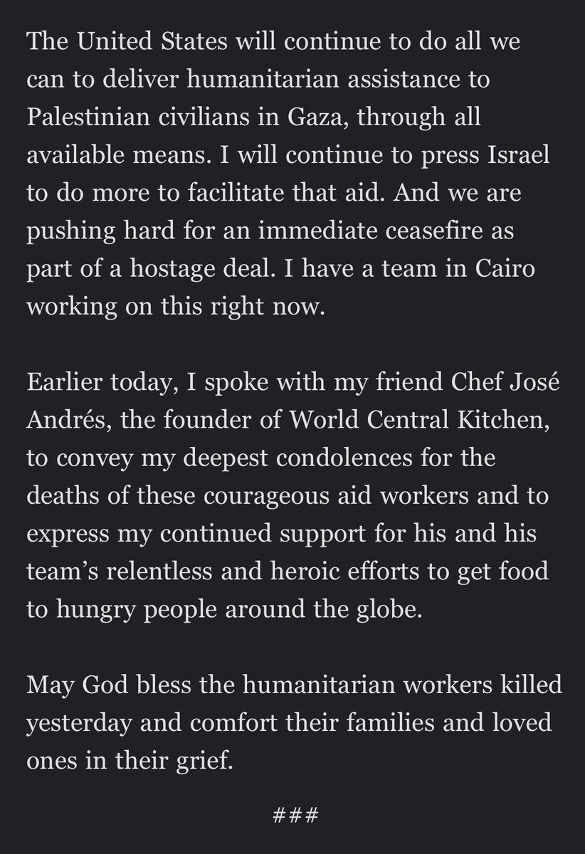 Biden with some tough words for Israel, responding to @WCKitchen aid workers killed by Israeli strike in Gaza — “Israel has not done enough to protect aid workers trying to deliver desperately needed help to civilians…. Israel has also not done enough to protect civilians.“