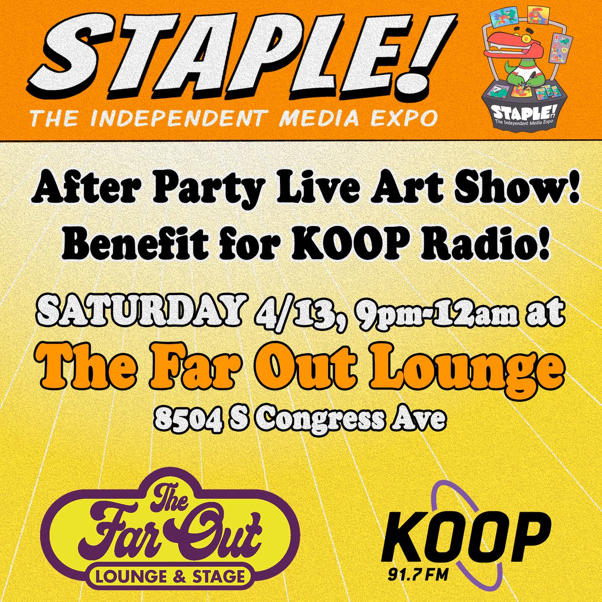 Come down to @FarOutLounge Sat. 4/13, after STAPLE! for the Live Art Benefit for @KOOPradio Radio for People, Not for Profit! Volunteers will be on hand to take donations. Make one and take home original art by STAPLE! Exhibitors! 9p-12a Sat, 4/13, 8504 S. Congress Ave.