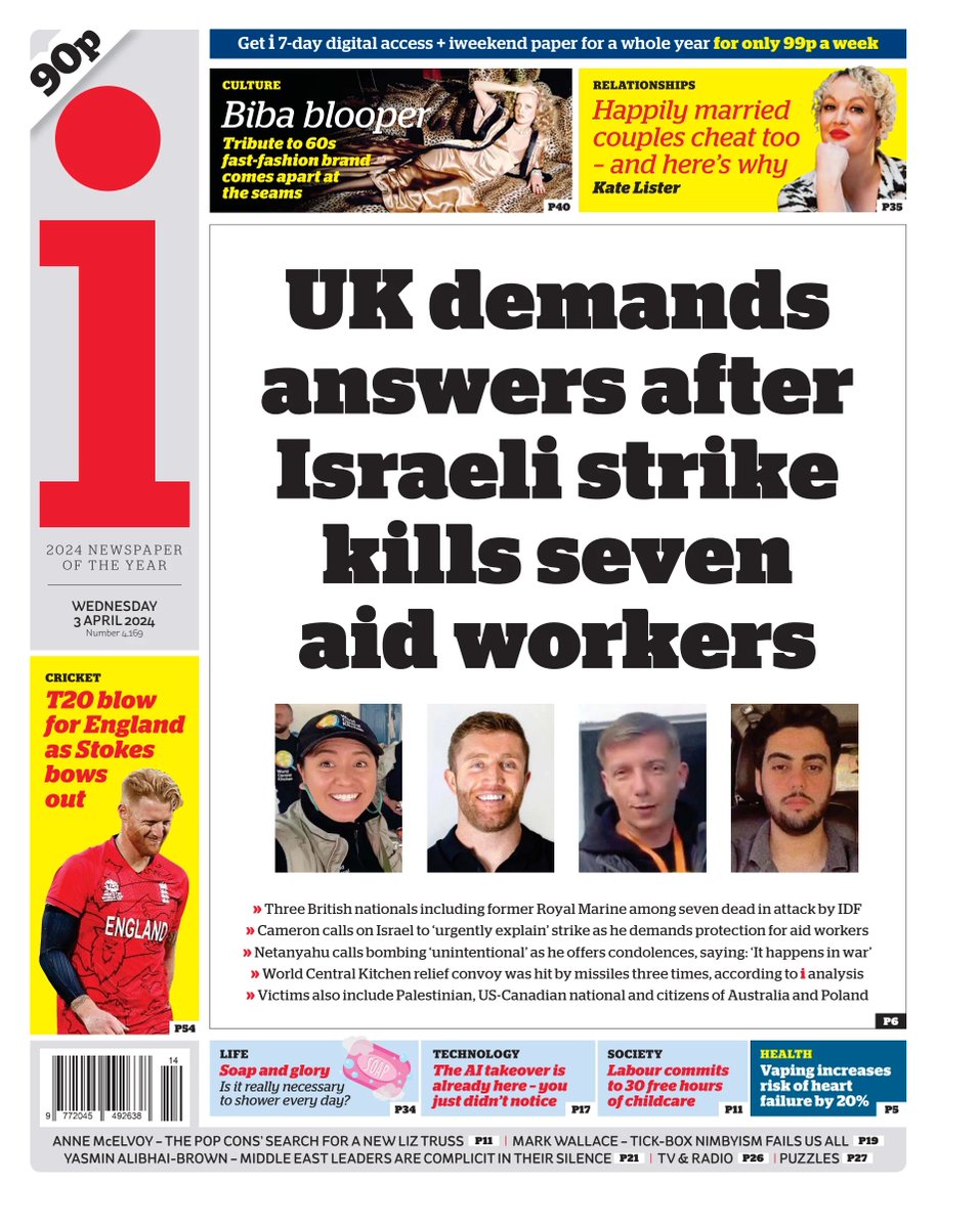 🇬🇧 UK Demands Answers After Israeli Strike Kills Seven Aid Workers ▫Rishi Sunak ‘appalled’ by British Gaza deaths and demands full Israeli enquiry ▫@mollyblackall @sanyaburgess Sam Rucker & Jacqui Housden ▫is.gd/ycGD95 #frontpagestoday #UK @theipaper 🇬🇧
