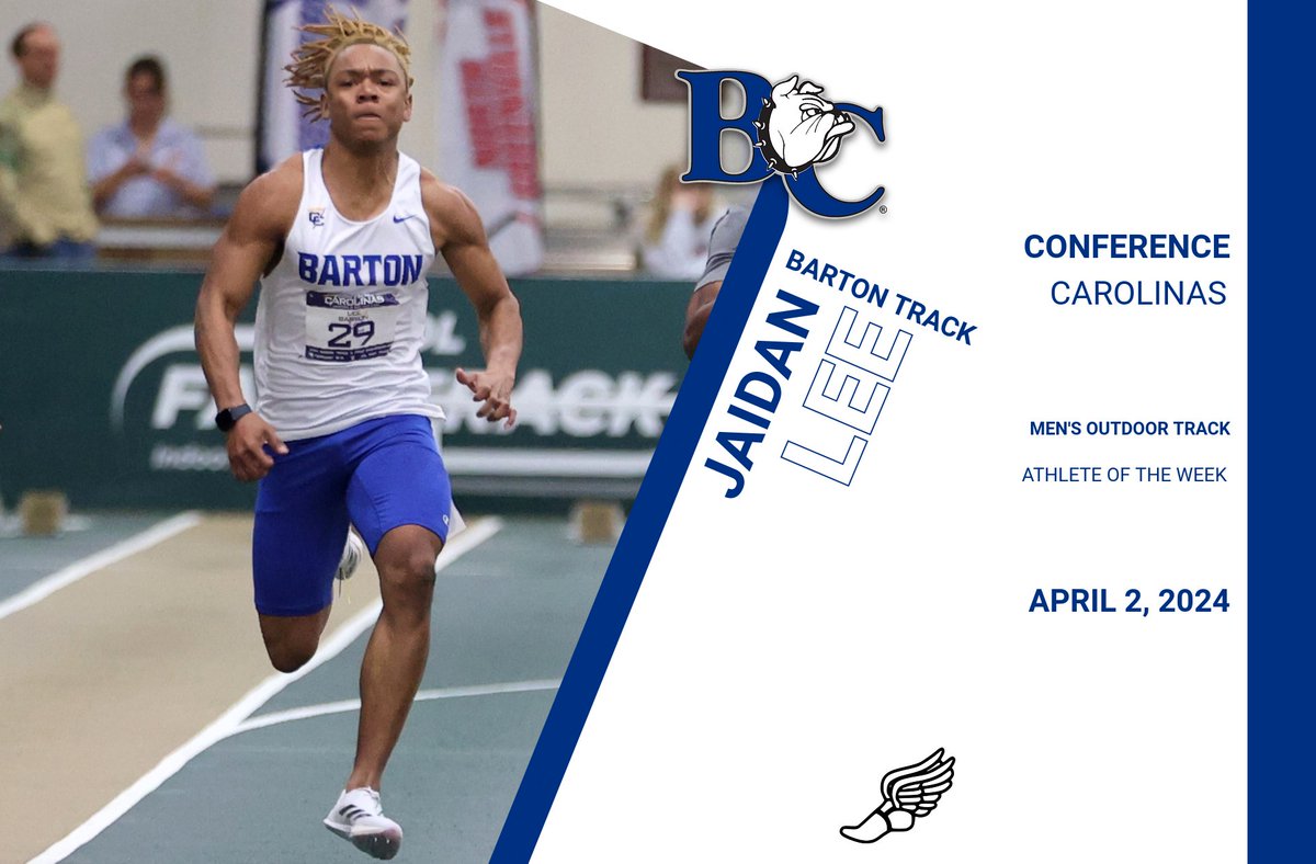 Congrats to Barton's Jaidan Lee: the @ConfCarolinas Men's Outdoor Track Athlete of the Week! . Finished 1⃣st in the men's 1⃣0⃣0⃣-meter dash at the Blue Bear Invite (1⃣0⃣.7⃣2⃣ seconds) this past Saturday . 2⃣nd straight win in the men's 1⃣0⃣0⃣-meter dash! . @bartonxctf