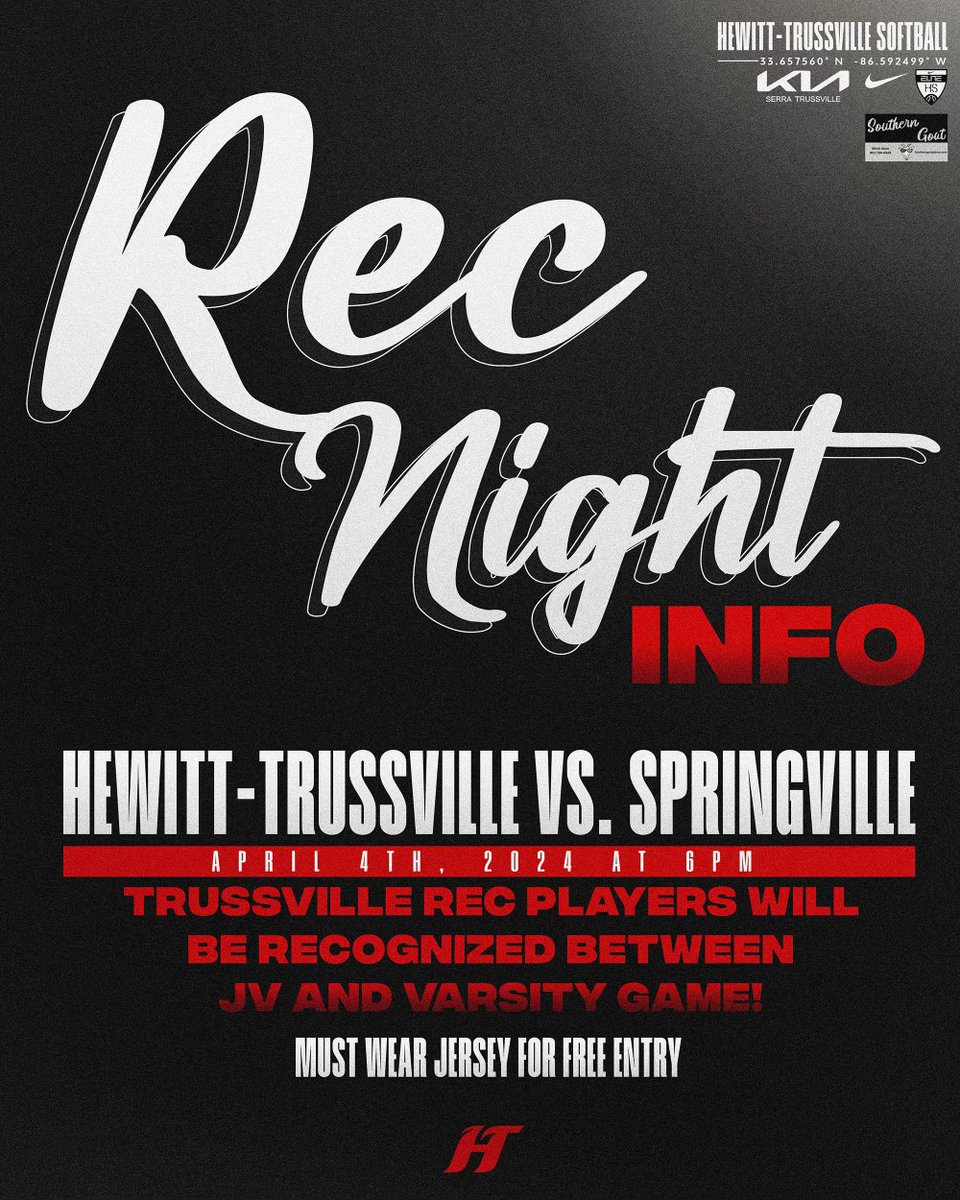 Join us Thursday for our Trussville Rec Night!! All Trussville City School students K-6 who play softball will get in free and be honored before the varsity game(5:45 pm)! You must wear your jersey, can be Rec or travel!