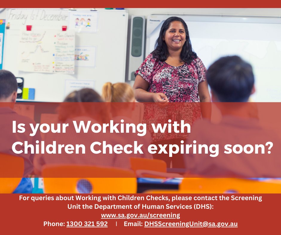 𝗧𝗶𝗺𝗲 𝘁𝗼 𝗿𝗲𝗮𝗽𝗽𝗹𝘆 𝗳𝗼𝗿 𝘆𝗼𝘂𝗿 𝗪𝗼𝗿𝗸𝗶𝗻𝗴 𝘄𝗶𝘁𝗵 𝗖𝗵𝗶𝗹𝗱𝗿𝗲𝗻 𝗖𝗵𝗲𝗰𝗸?
A WWCC is valid for five years. 𝗜𝗳 𝘆𝗼𝘂𝗿𝘀 𝗲𝘅𝗽𝗶𝗿𝗲𝘀 𝗶𝗻 𝘁𝗵𝗲 𝗻𝗲𝘅𝘁 𝘀𝗶𝘅 𝗺𝗼𝗻𝘁𝗵𝘀, it’s time to apply again. 
Apply online at sa.gov.au/wwcc.