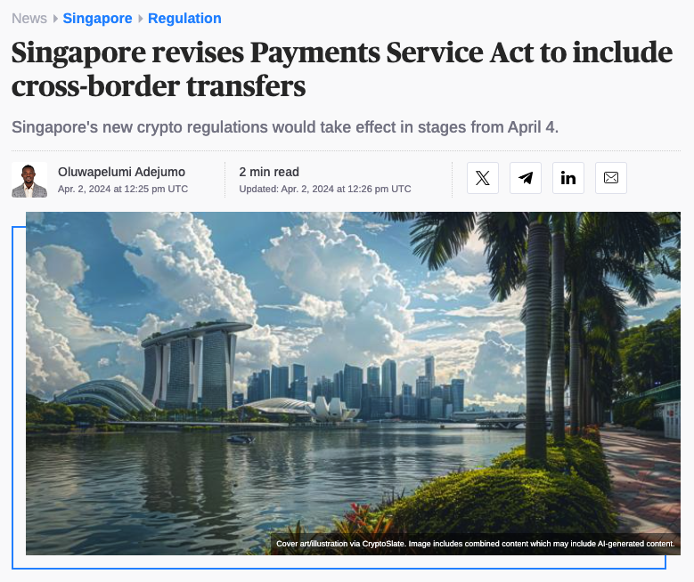 CryptoSlate's tweet photo. ICYMI: Singapore revises Payments Service Act to include cross-border transfers

Read the full article 👇 https://t.co/uPk5PVVpng