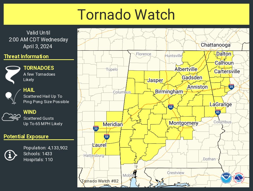 NWSAtlanta's tweet image. A tornado watch has been issued for parts of Alabama, Georgia and Mississippi until 2 AM CDT