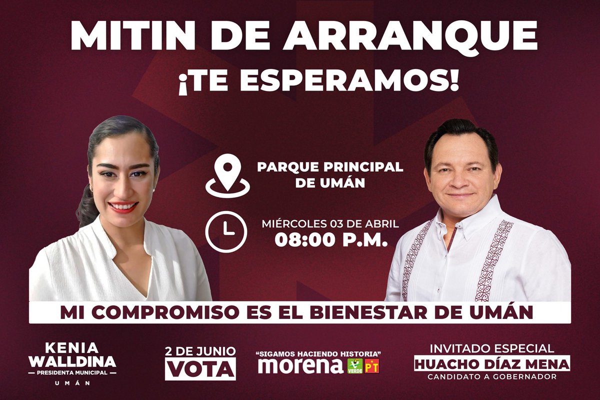 keniaWalldina's tweet photo. ¡Sé testigo del cambio verdadero! Te espero este miércoles 03 de abril, a las 08:00 pm en el Parque principal de #Umán, nos acompañará nuestro próximo gobernador Huacho Díaz Mena ✨ https://t.co/1VxHfcHktP