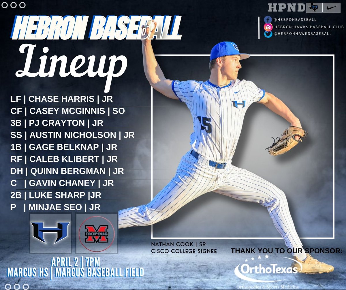 ✍️Today’s game day lineup at Marcus Baseball Field presented by Ortho Texas and Dr. Myers 🦴 Thank you for your sponsorship! #HPND🦅⚾️ | #BTW🪵