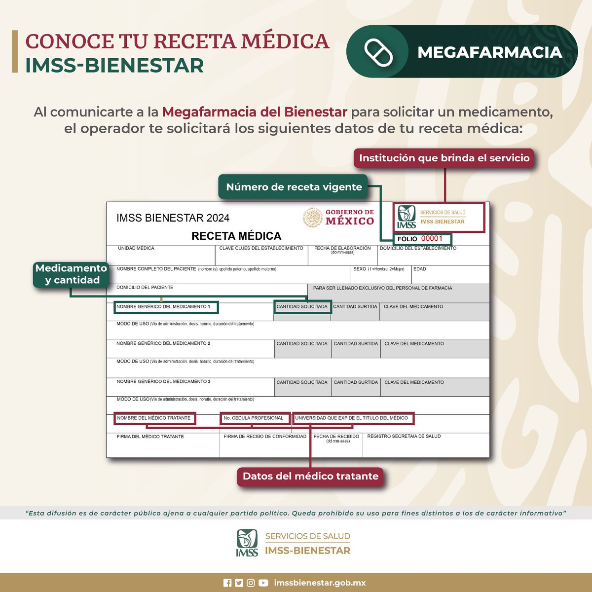 👉Para hacer tu solicitud a la #Megafarmacia, ten a la mano los siguientes datos que vienen en tu receta médica. Si ya acudiste a tu unidad médica y tu medicina no se encuentra disponible, comunícate al ☎️5595000911.