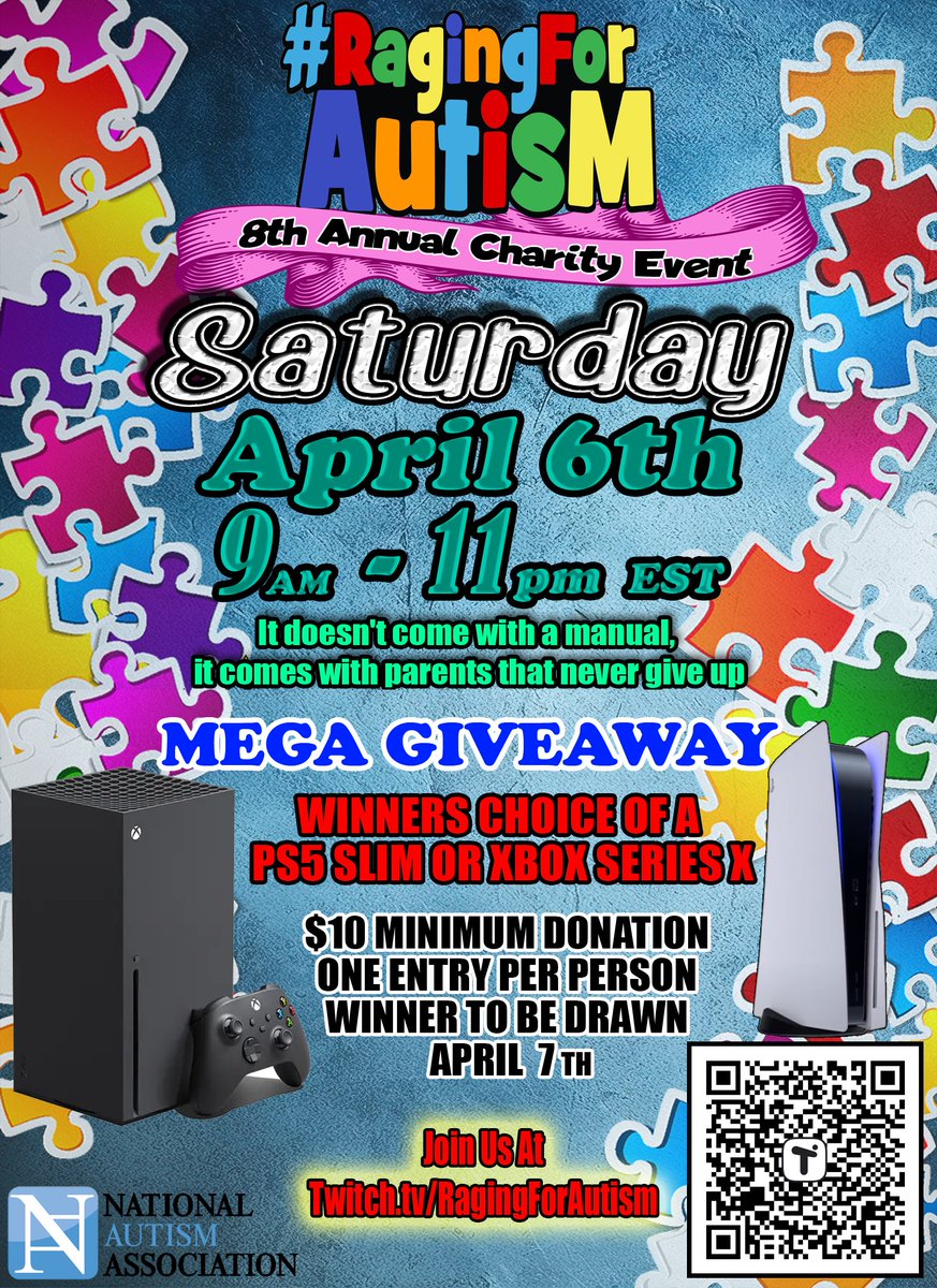 It's the 8th annual <a href="/RagingForAutism/">RagingForAutism</a> for the <a href="/NationalAutism/">National Autism Association</a> April 6th, starting at 9am EST. With many great streamers, all for an amazing cause! 😀 I'll be there, hope to see many of you