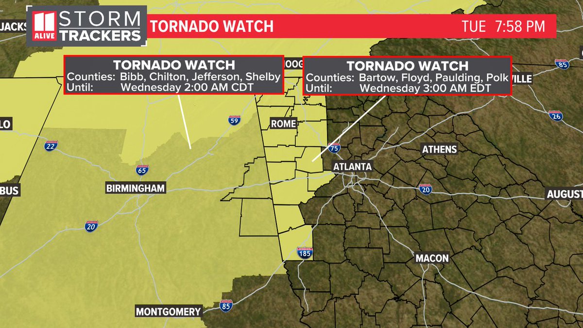 A Tornado Watch has been issued for the area highlighted until 4/03 3:00AM. Track storms now: 11alive.com/radar #storm11 #gawx