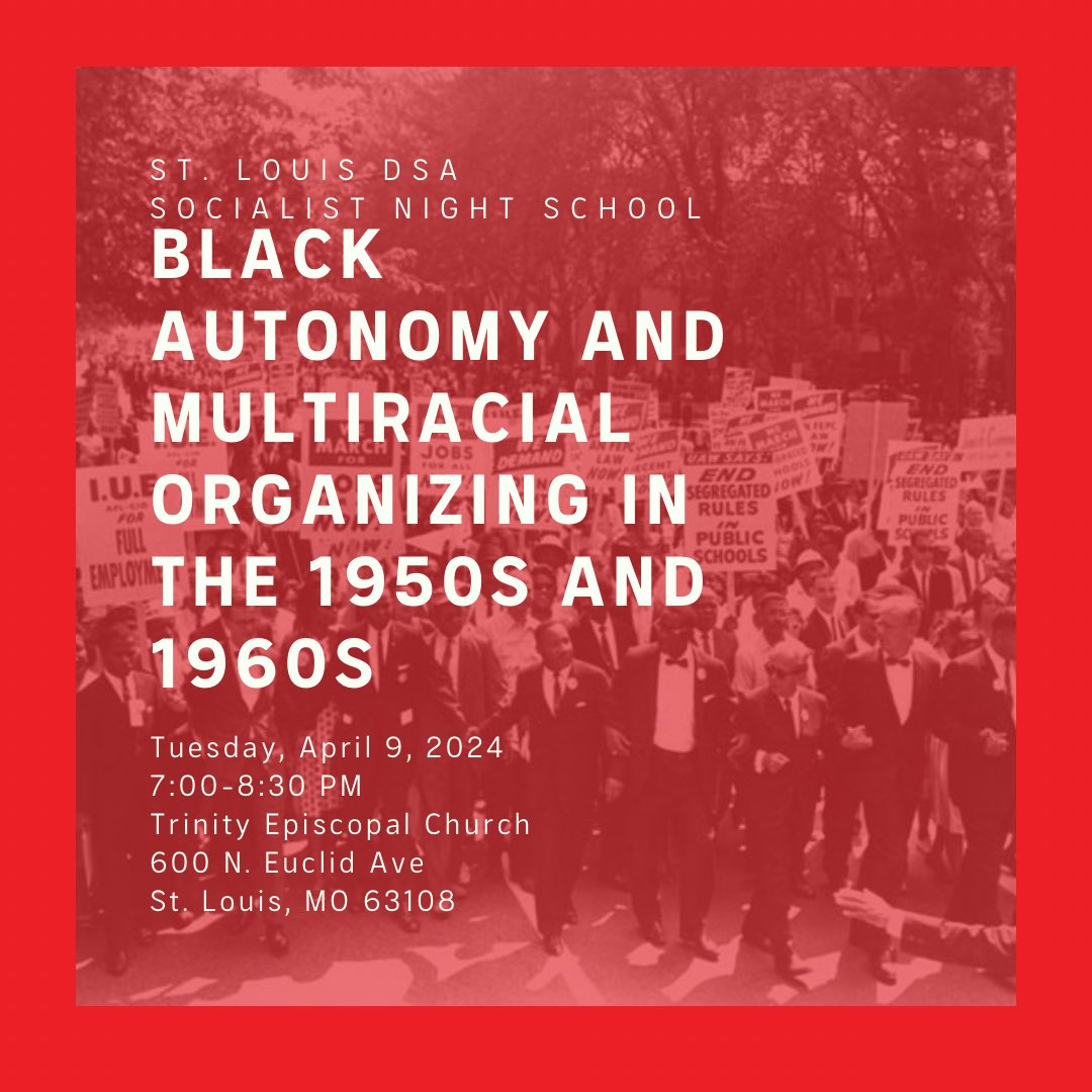 Join us Tuesday, April 9th for our next Socialist Night School! We’ll look at two movements that centered the black freedom struggle inside a militant labor movement: the Highlander Folk School and the March on Washington for Freedom and Jobs. RSVP here: actionnetwork.org/events/black-a…