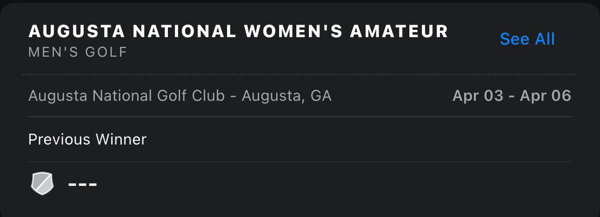 The folks at <a href="/espn/">ESPN</a> need to fix the app, this isn’t a good look: don’t put ANWA in “men’s golf”, maybe at least recognize <a href="/rosezhang/">Rose Zhang</a> as the 2023 winner.