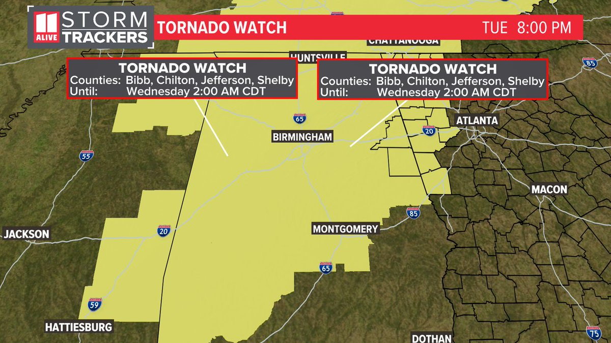 A Tornado Watch has been issued for the area highlighted until 4/03 2:00AM. Track storms now: 11alive.com/radar #storm11 #gawx