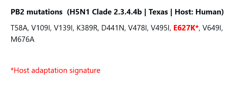 H5N1 Update | Avian Flu Clade 2.3.4.4b Looked at the newly uploaded Human Sequence (ID: 19027114) from Texas - PB2 contains 👀E627K 👀 in addition to the mutations found in the dairy cattle and wild bird sequences uploaded earlier (used #Fluserver for mutational analysis)