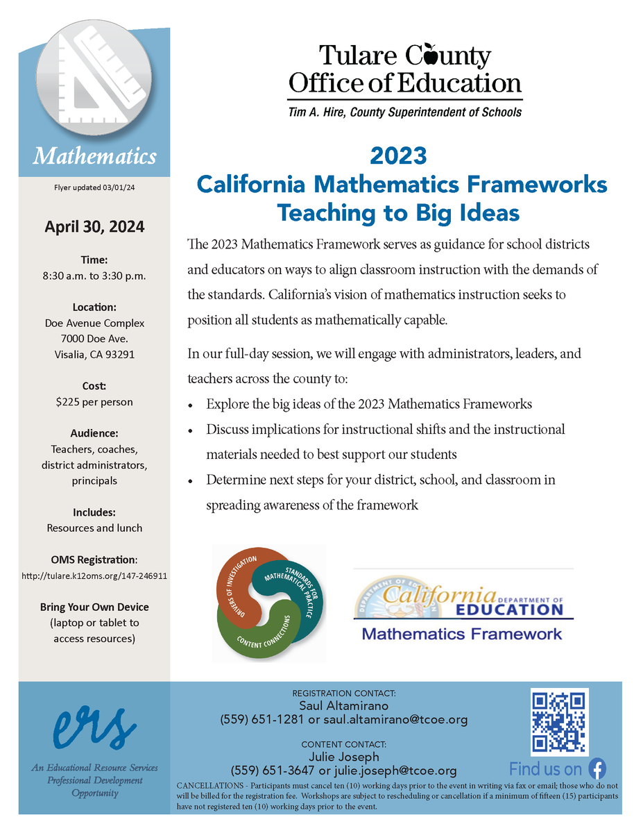 Don't miss our upcoming training on the new California Mathematics Framework. Together, we will explore the big ideas of the framework and how it will help you align classroom teaching with the state’s rigorous math learning standards. Register today at: tulare.k12oms.org/147-246911.