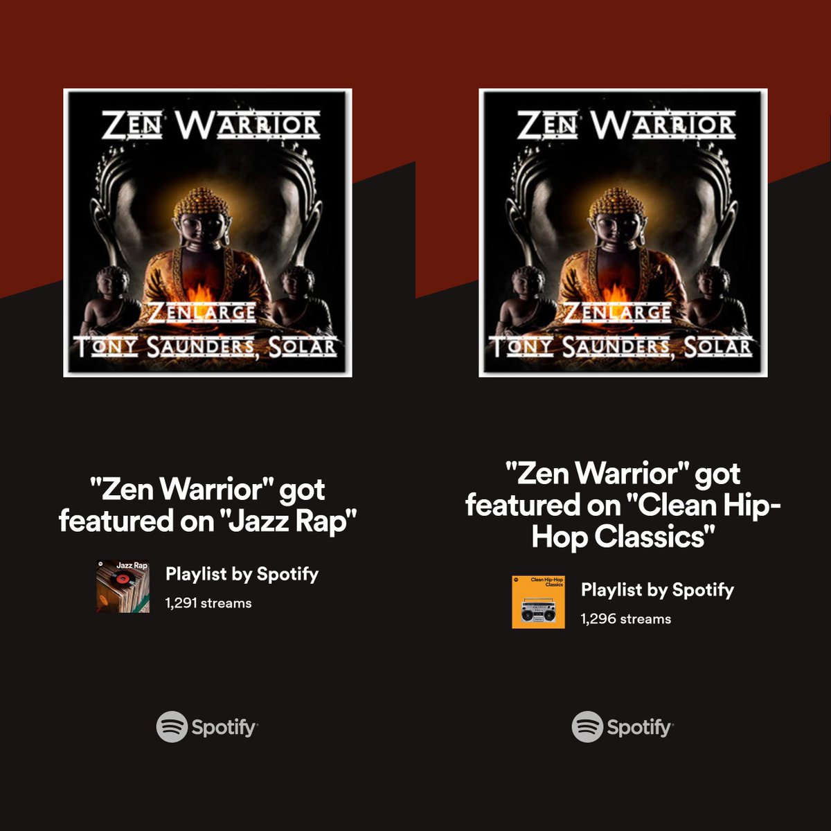 Zen Warrior got featured on a couple more playlists curated by the editors on spotify!  Hell yeah!

#goals #bigthingscoming #upwardbound #zenlife #zenaf