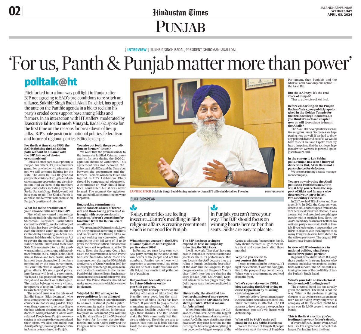 vinayak_ramesh's tweet photo. Polltalk@ht:’Focus on winning hearts,not seats,in Punjab’,SAD chief Sukhbir Singh Badal tells BJP in his first comments since breakdown of tie-up talks between ex-allies,  in an interaction with ⁦@htTweets⁩ https://t.co/Epnr0PSzQo