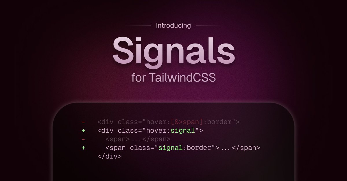 branmcconnell's tweet image. Goodbye, verbose variant chains.
Hello, Signals. 🌌🔭

A declarative alternative to styling based on an ancestor&apos;s state.

tailwindcss-signals eliminates the need for arbitrary variant chaining, resulting in better DX &amp;amp; more maintainable code.

—
Check it out on GitHub. 👇🏼